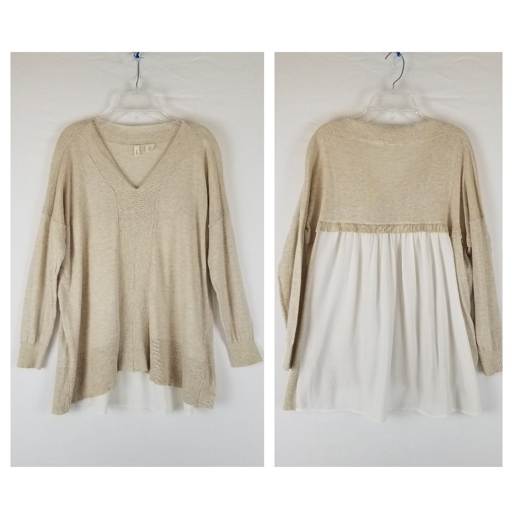 Moth Anthropologie Cream & White Knit Vneck Loose Sweater Chiffon Back sz XS